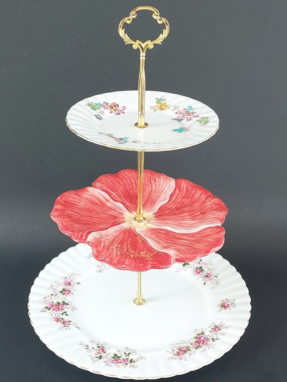 Vintage Pink Flower Mismatched 3 Tier Cake Stand Unqiue High Tea Dessert Stand